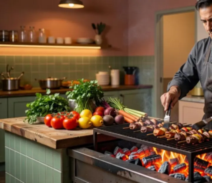 Head chef at Charcoal & Chips cooking over an open charcoal grill