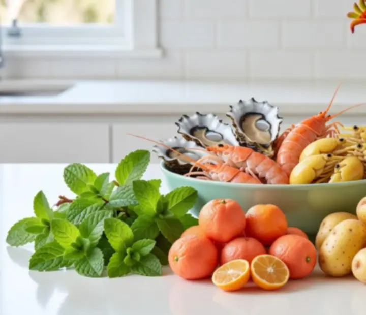 Fresh local Australian produce and herbs arranged on a pastel background