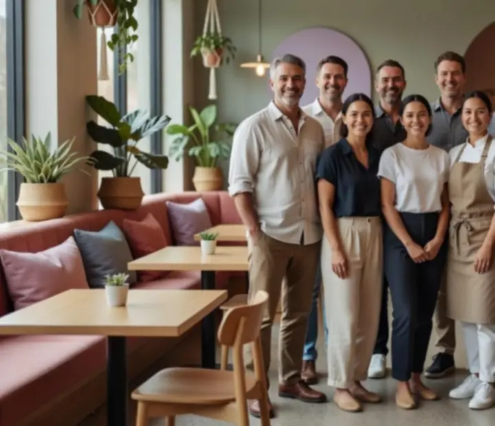 Founders and team members of Charcoal & Chips standing together inside the restaurant