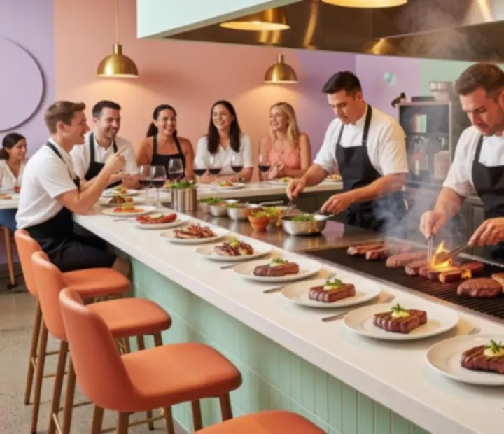 Open charcoal kitchen with chefs preparing signature dishes at Charcoal & Chips