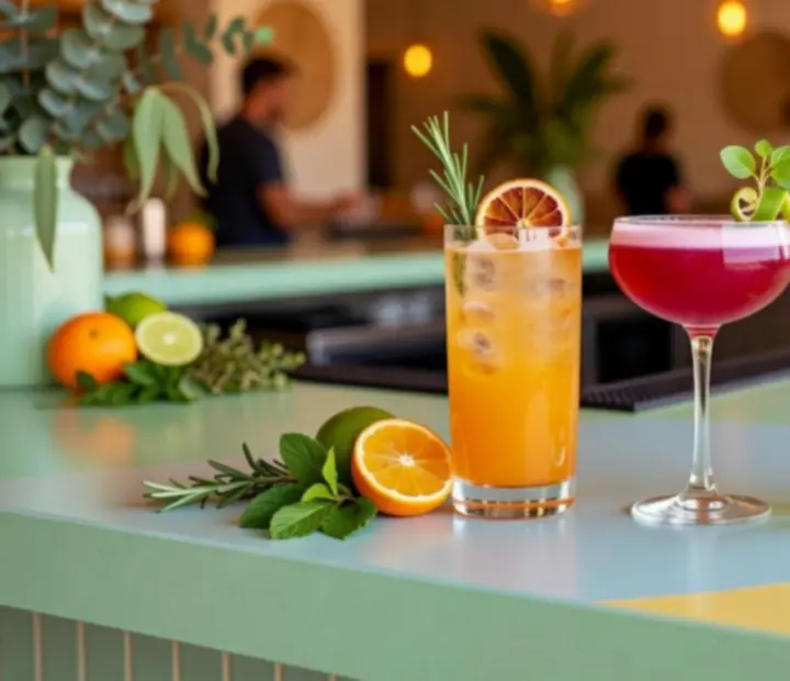Colourful cocktails lined up at the Charcoal & Chips bar