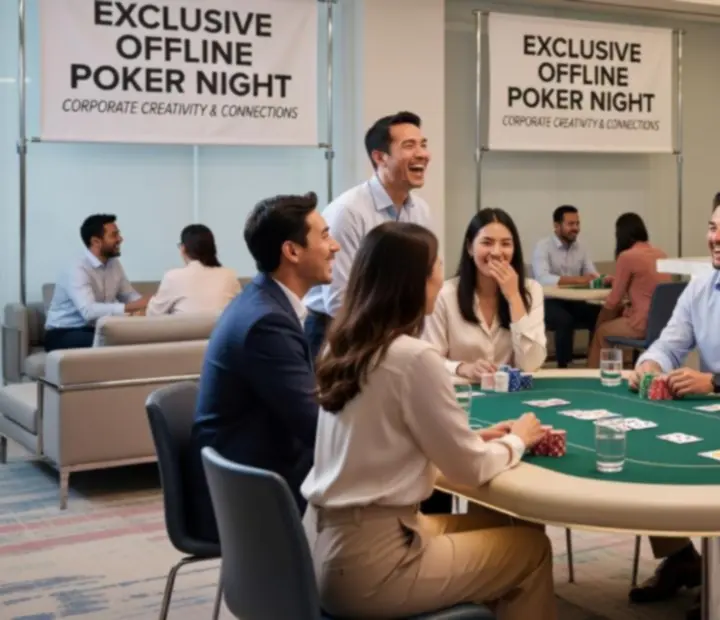 Corporate group enjoying a private offline poker evening with dinner