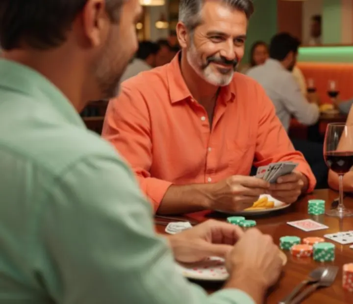 Guests playing relaxed poker while enjoying charcoal-grilled dishes