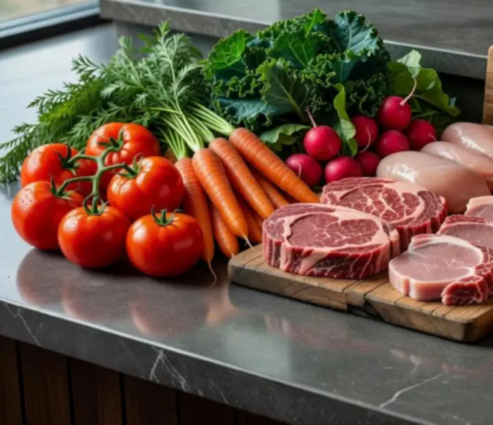 Fresh seasonal ingredients prepared for cooking in the restaurant kitchen