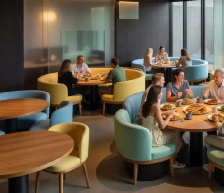 Playful interior of Charcoal & Chips with colourful décor and social dining tables