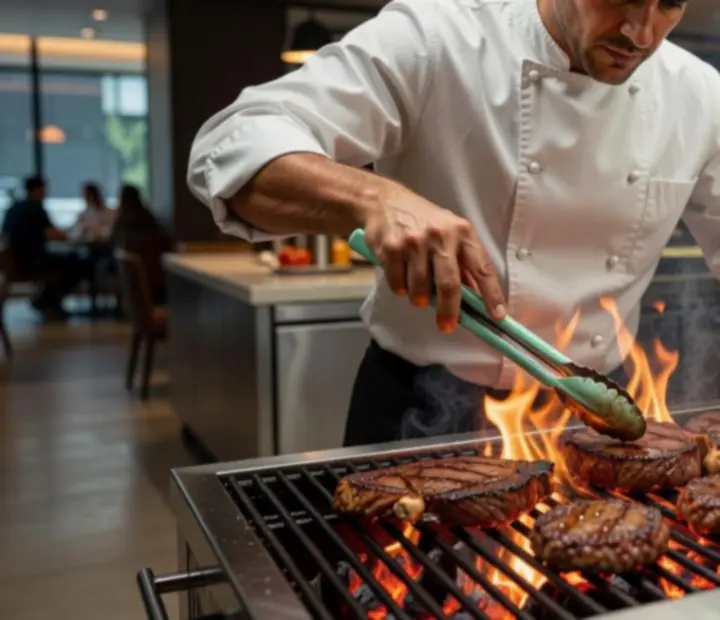 Chef grilling premium meats over an open charcoal grill