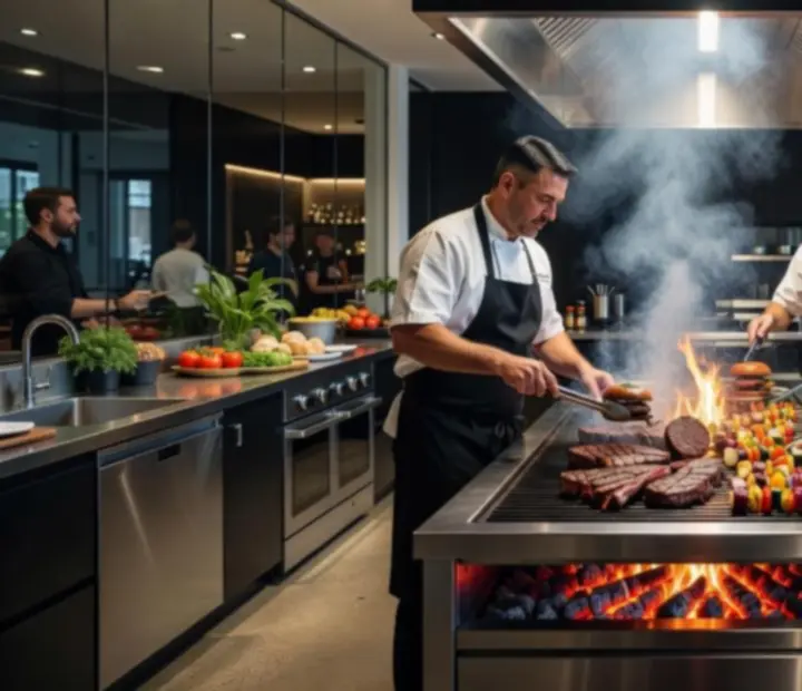 Open charcoal kitchen with chefs grilling over live fire