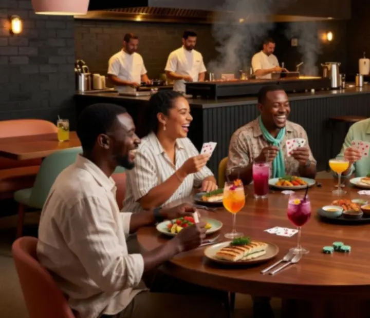 Guests enjoying dinner and a friendly poker night at Charcoal & Chips