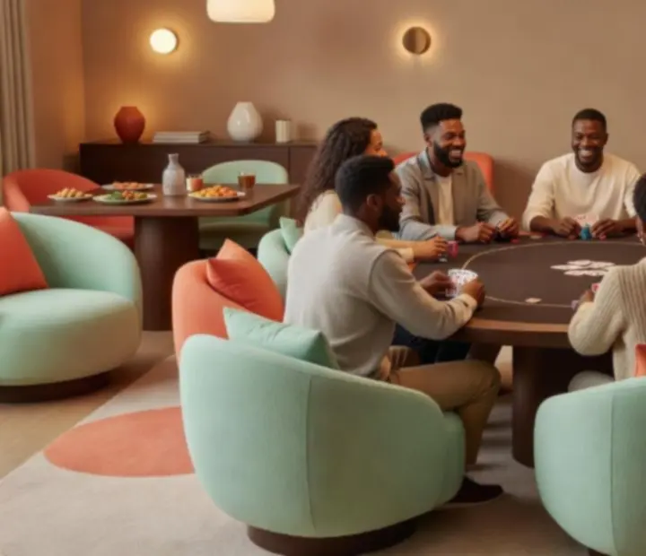 Stylish poker table ambience with warm lighting and guests chatting at Charcoal & Chips