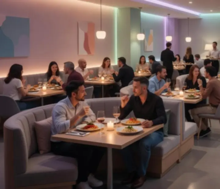 Restaurant glowing with pastel lighting during evening service