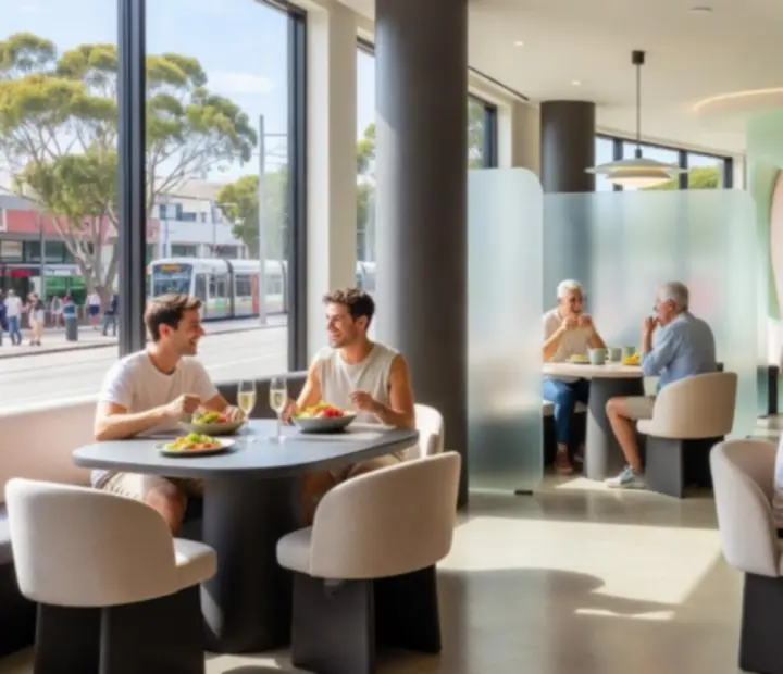 Bright contemporary restaurant interior with pastel accents and charcoal details