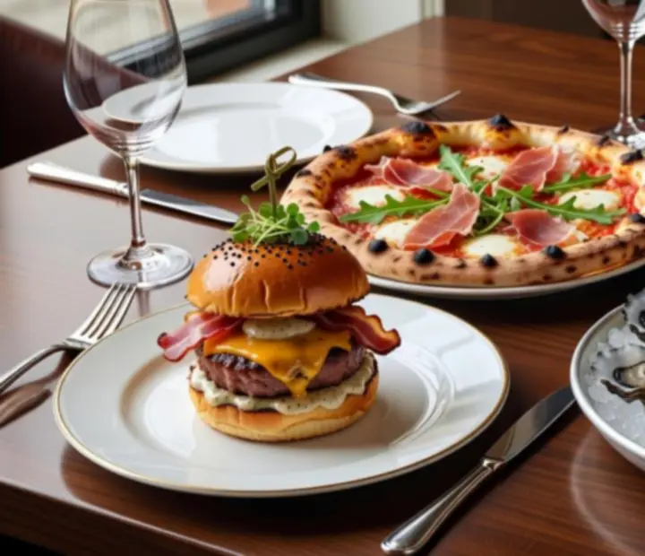 Plated signature dishes including gourmet burgers, pizza and charcoal steaks