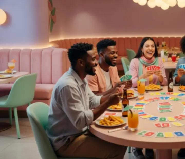 Friends gathered around a colourful offline poker table enjoying drinks and food