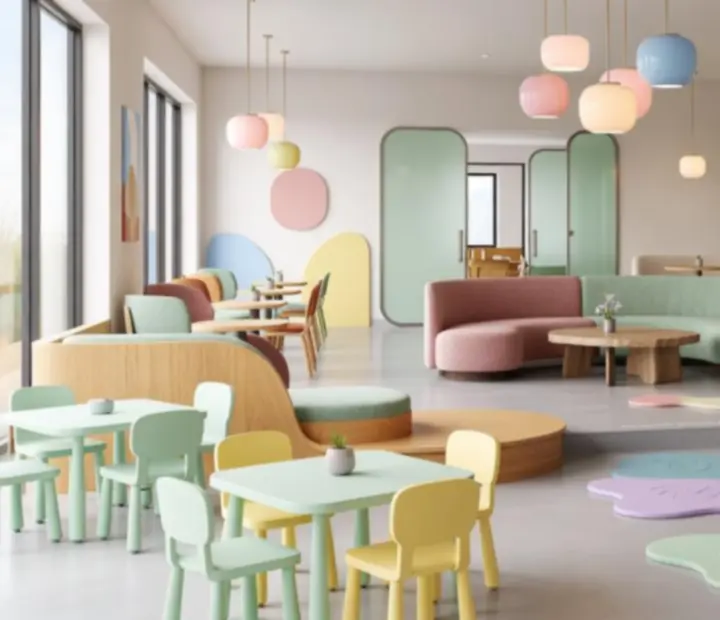 Bright restaurant interior with flexible seating and a warm, contemporary design